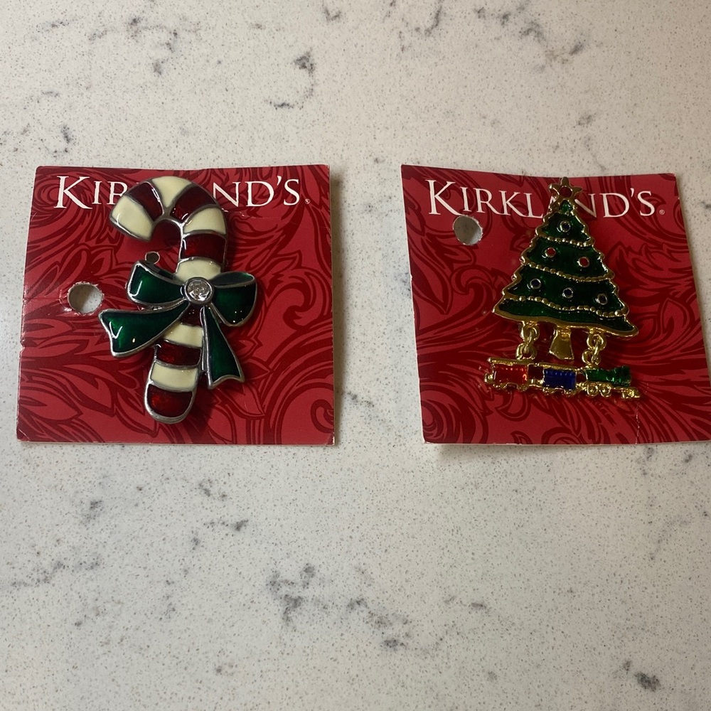 Kirklands Holiday Candy Cane and Tree Pins - Green, White, Gold